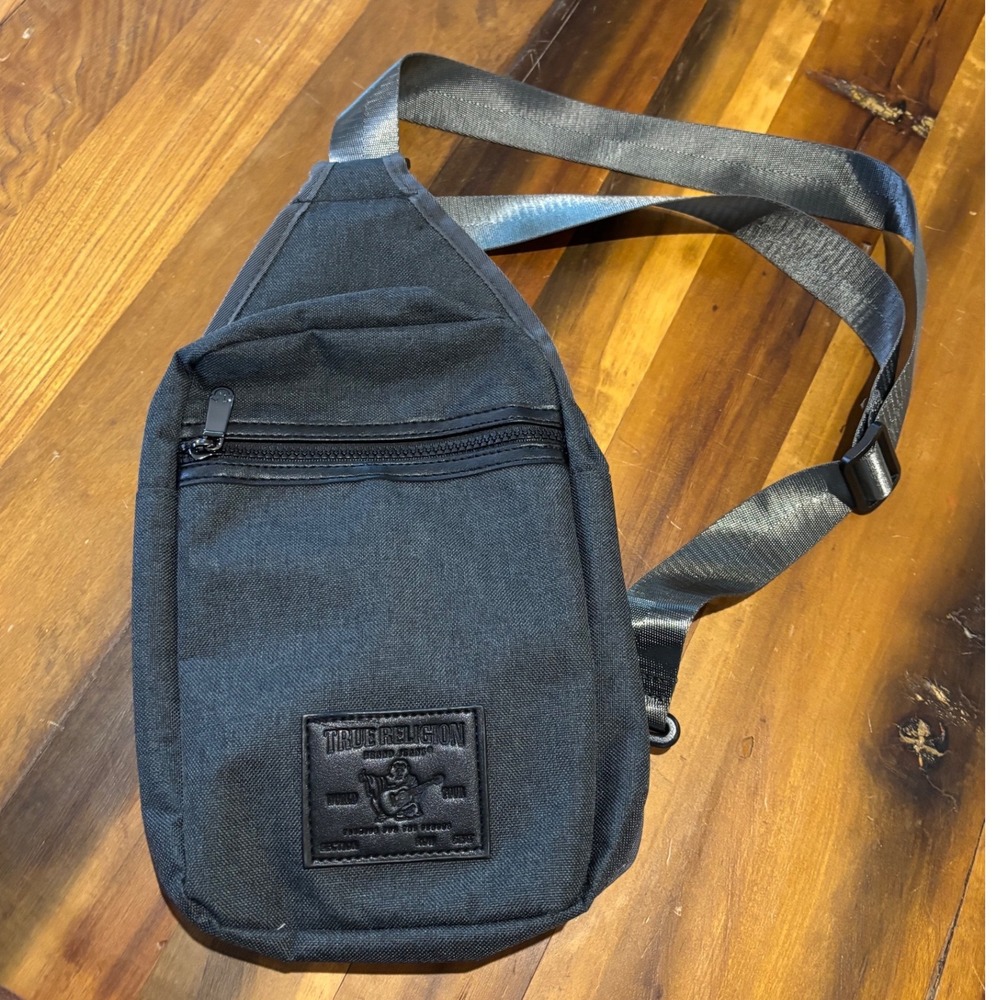 True Religion Mens Canvas Sling Bag Charcoal Gray Crossbody Backpack